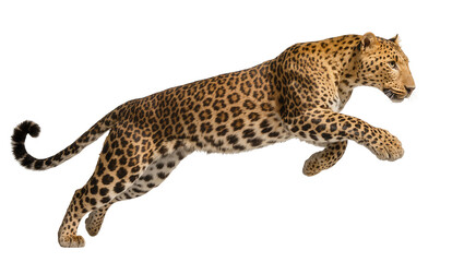 Leopard mid-jump with spotted fur and curled tail © Jonas