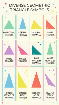 Diverse Geometric Triangle Symbols Chart with Labels, Flat Vector Illustration, Pastel Colors, Educational Graphic Resource