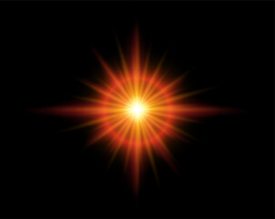 Naklejka premium Radiant orange starburst light effect with glowing solar halo isolated on transparent background. Bright optical flare overlay for visual effects, design, creative compositions and digital artwork.
