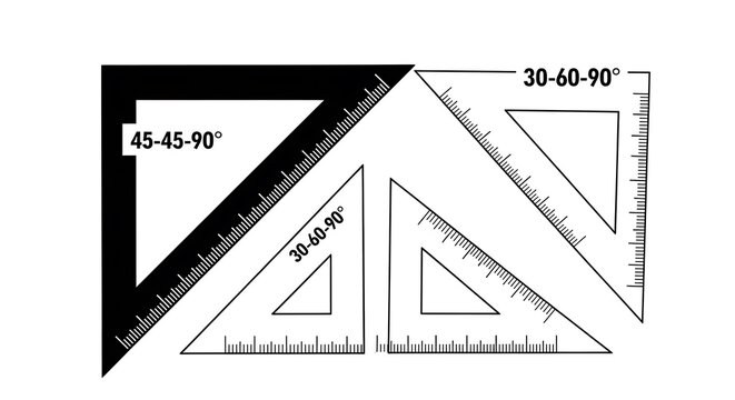 Set of black plastic triangle rulers with measurement markings for geometry school math studies