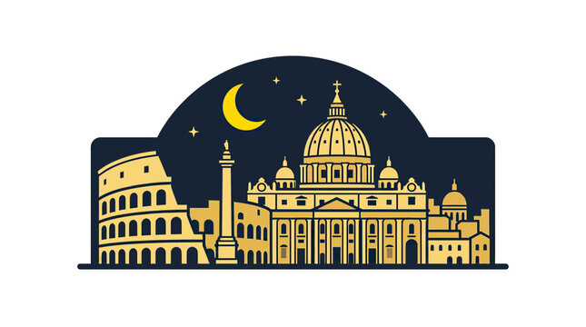 Rome Skyline Night: Colosseum, St. Peter's Basilica, Trajan's Column, Moon, Stars