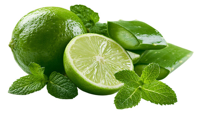 Green lime fruit with slices of aloe vera and mint leaves on transparent background citrus herb
