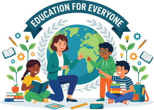 Vibrant vector illustration depicting a dedicated female teacher instructing diverse young children in an academic setting with a global earth icon representing universal learning opportunities 
