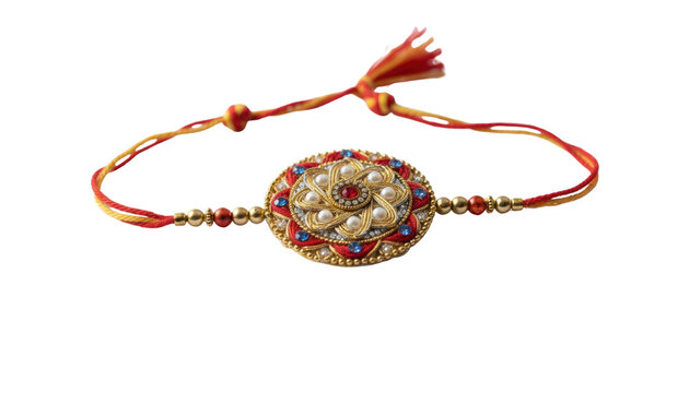 Traditional rakhi bracelet with red thread and beaded centerpiece, festive wrist band jewelry for Raksha Bandhan gift isolated PNG with Transparent Background
