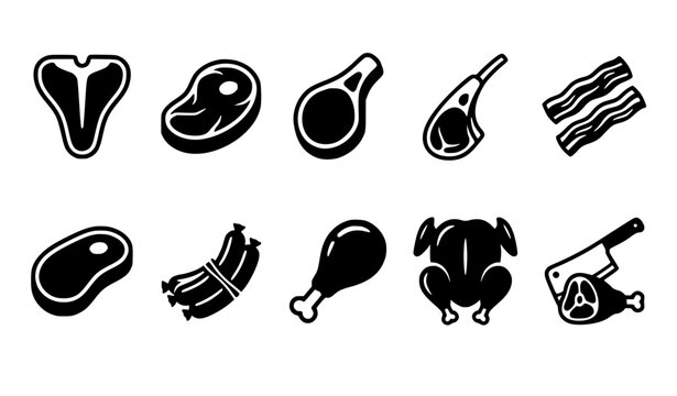 Black and white meat cuts and chicken icon set vector