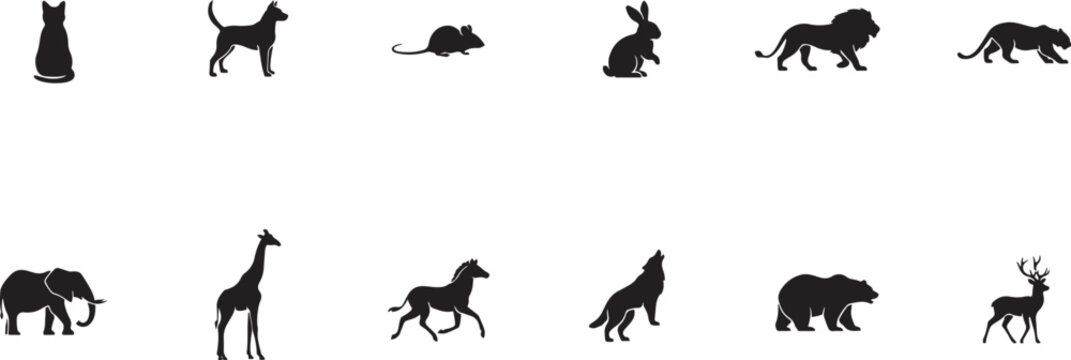 set of silhouettes of domestic and wild animals. black icon solid vector