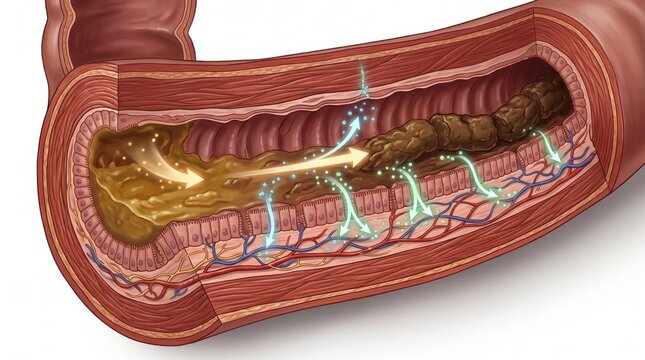 Large Intestine Function: Reabsorbing Water and Forming Waste: The large intestine reabsorbs water metabolically as fecal matter forms within the muscular wall in the background