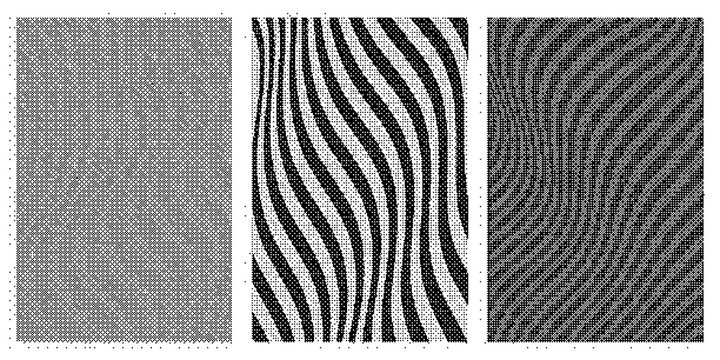 Set of three abstract patterns featuring a grid of squares, wavy vertical stripes, and a combination of squares with diagonal line textures