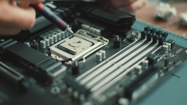 Building a computer using a motherboard and installing parts at a workspace