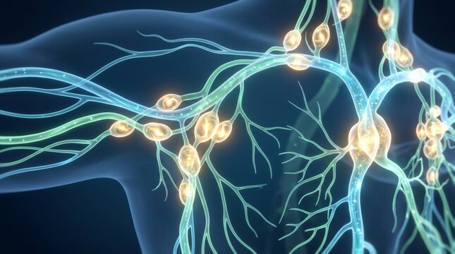 The Human Lymphatic System and Fluid Cleansing Network: Lymphatic vessels and nodes circulate immune-rich fluid systemically through the interconnected pathways in the background