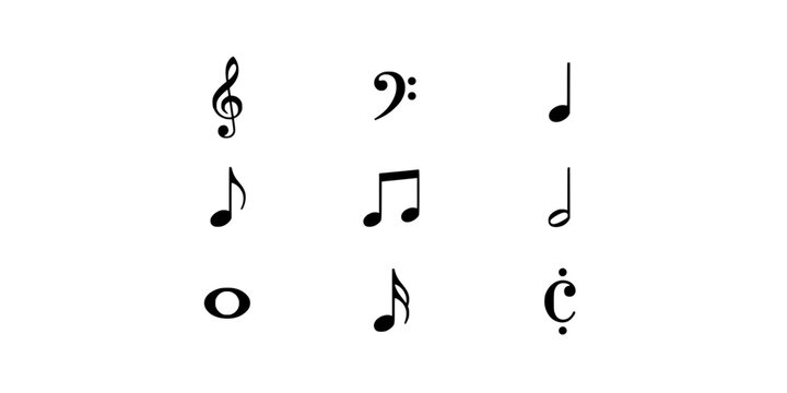 Musical Notes and Clefs Arranged in a 3x3 Grid Featuring Treble, Bass, Quarter with Eighth and Whole Elements for Music, Symbols