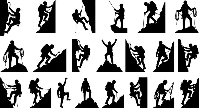 Set of silhouettes of mountain climbers and alpinists on vector illustration