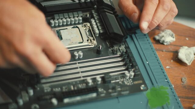 Building a computer motherboard and installing the CPU in a workshop setting