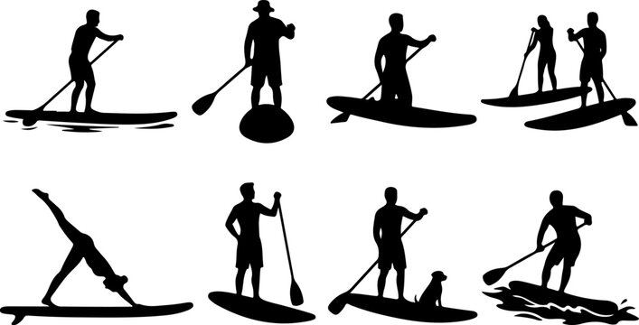 Set of stand up paddle board silhouettes vector illustration
