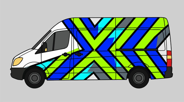 Flat Vector Illustration of White Van with Blue and Lime Green Diagonal Stripe Wrap Design, Side View on Gray Background, Graphic Vehicle Template