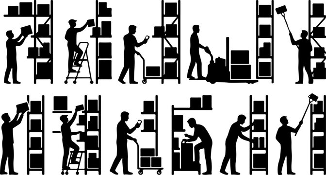 Warehouse workers silhouettes with shelves, boxes, ladders and carts vector illustration