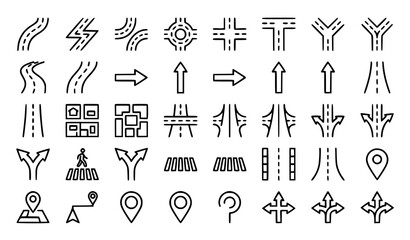 Elegant city street and navigation vector icon set with roads roundabouts intersections route markers and suburban layouts isolated on white background © Jahangir