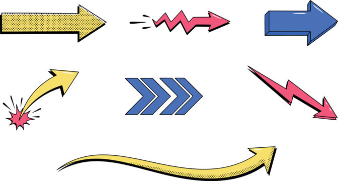 Comic Book Style Pop Art Arrow Vector Icon Set with Zigzag Lightning Bold Chevron and Curved Pointers for Creative Advertising Graphic Designs