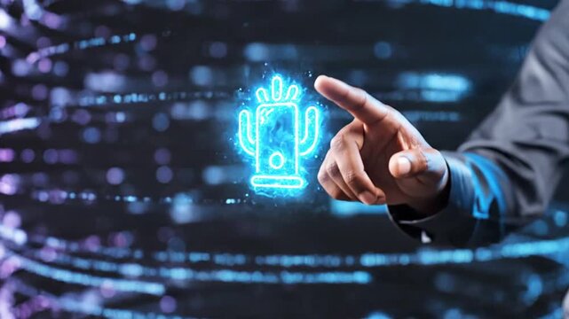 Businessman hand touching glowing blue condom icon in futuristic dark digital environment