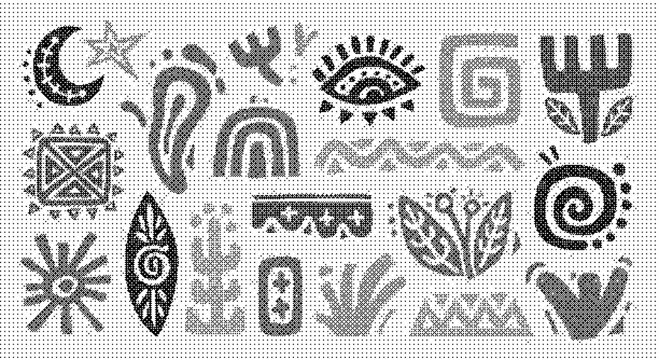Set of hand drawn tribal elements, ethnic symbols, folk motifs, doodle shapes, geometric patterns, decorative icons, vector illustration