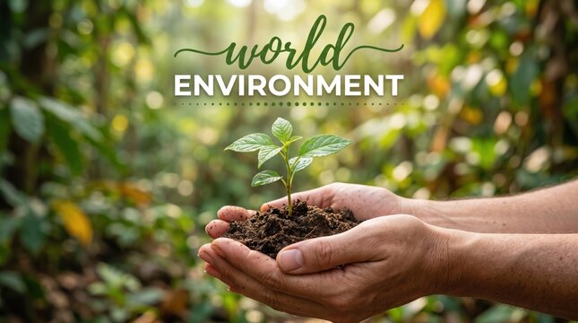 Hands holding a small green seedling growing out of a mound of dark soil with blurred forest background and white text overlay reading environment