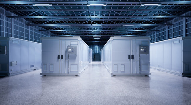 3d rendering group of energy storage systems or battery container units in factory