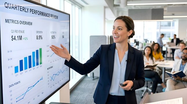 Businesswoman presenting quarterly performance review with charts and graphs on screen