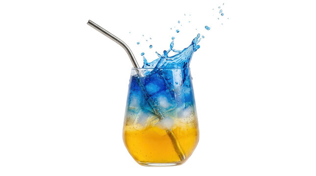 A refreshing layered blue and yellow cocktail drink in a glass with ice cubes and a straw splashing on white background isolated on transparent background