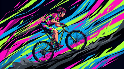 Fototapeta premium Cyclist Riding Mountain Bike Uphill, Professional Athlete in Athletic Gear and Helmet, Dynamic Vector Illustration with Neon Abstract Speed Lines and Vibrant Colors, Concept of Extreme Sports and