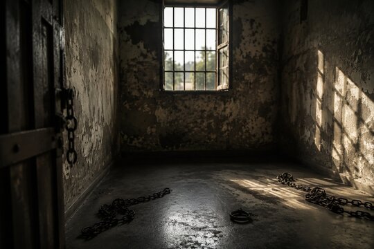 An empty prison cell with chains scattered on the floor and an open window casting dramatic shadows.