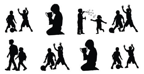 Obraz premium Dynamic vector silhouettes of happy children playing soccer, celebrating victory with a trophy, and blowing fun bubbles.