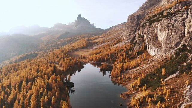 Lake Federa near the Croda da Lago mountain at autumn time, majestic landscape, raw nature.