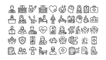 Medical healthcare and wellness icons set including doctor nurse patient ambulance hospital and medical equipment on transparent background © RANUKA  BAIRAGI
