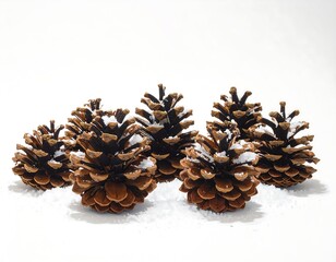 Fototapeta premium Close-up of several brown, open pinecones dusted with white snow on a white background