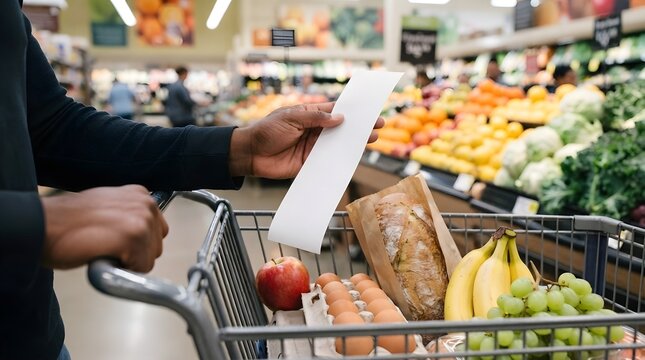 Close up of a man holding a long blank white grocery receipt while pushing a metal shopping cart filled food