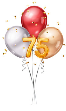 A festive bouquet of three balloons in red, white, and gold featuring the number 75 prominently displayed.