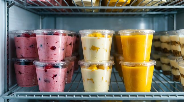 Fresh fruit smoothies and creamy mango puddings stored in plastic cups arranged neatly on the shelves of a cold refrigerator