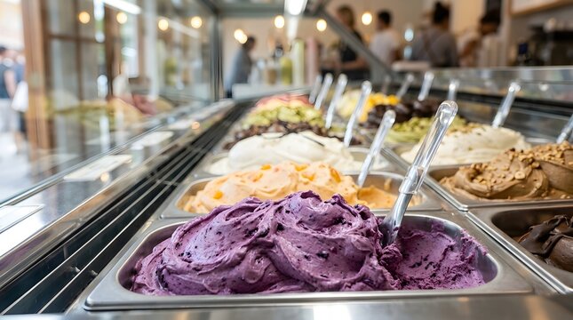 Rows of colorful artisanal gelato displayed inside a refrigerated glass showcase at a local Italian ice cream shop during daytime