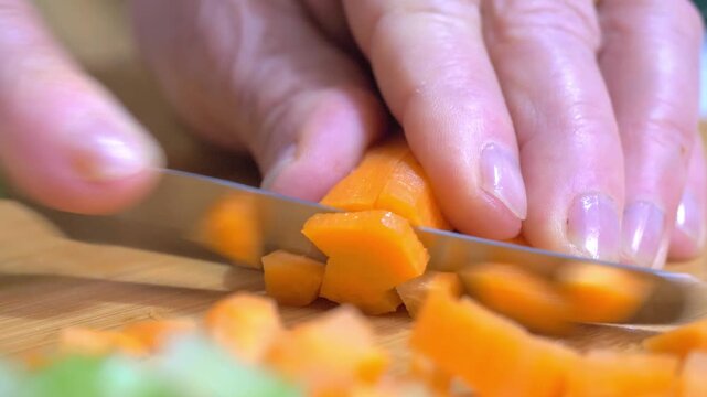 A fresh carrot is sliced into neat round pieces on the cutting board, the uniform discs of vibrant orange laid out and ready to join the classic Italian soffritto cooking base.