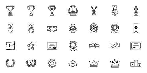 Fototapeta premium Awards and Trophies in Various Styles and Designs Arranged in a Grid Pattern Featuring Award, Trophy, Medal with Icon and Design