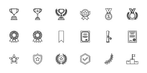 Fototapeta premium Awards and Trophies with Various Designs and Styles Arranged in a Set of Icons Featuring Award, Trophy, Medal with Ribbon