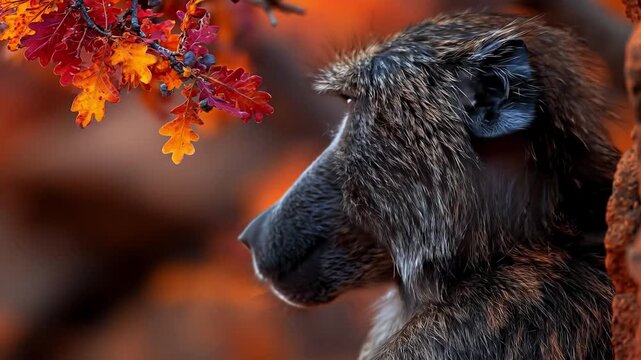 A portrait of a baboon amidst autumn leaves provides a striking backdrop for stories about wildlife and the changing seasons.