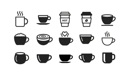 Fototapeta premium Simple coffee cup icon set with mug symbols hot drink signs and minimal cafe vector illustration isolated on white