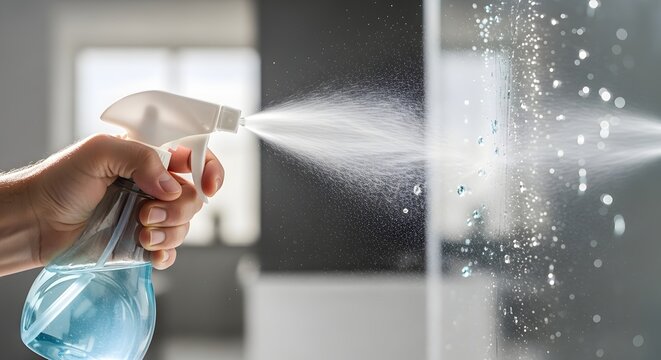 Hand spraying cleaning solution from a bottle, creating a fine mist and droplets on a surface. Hygiene and disinfection concept.