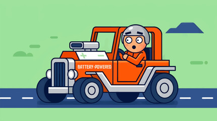 Naklejka premium Flat Vector Illustration of a Surprised Person Driving an Orange Battery-Powered Hot Rod Car on a Road with Green Background, Simple Graphic Style, Electric Vehicle Concept