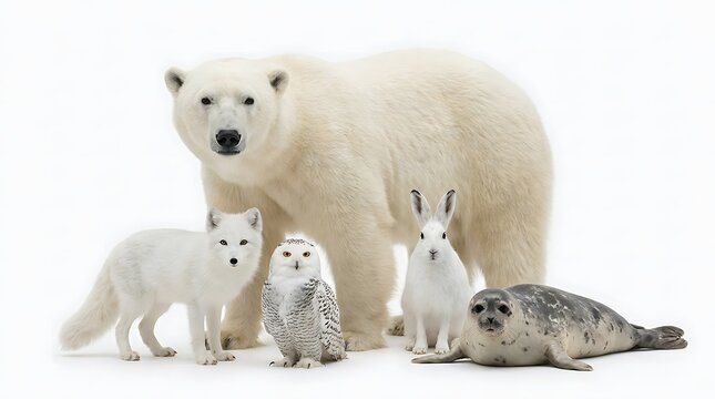 Arctic wildlife group polar bear arctic fox snowy owl hare and seal