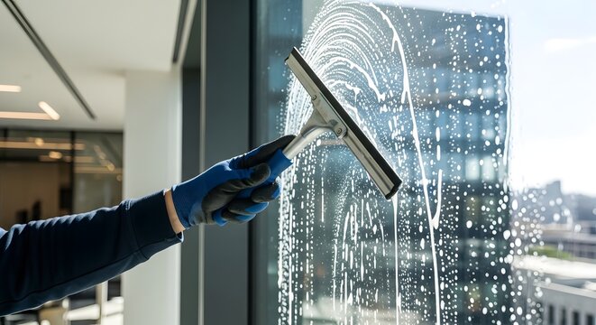 Professional window cleaner using a squeegee on a modern office building window with soap suds and city view.