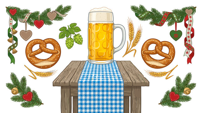 Oktoberfest Celebration with Beer Mug Pretzels and Bavarian Decorations.