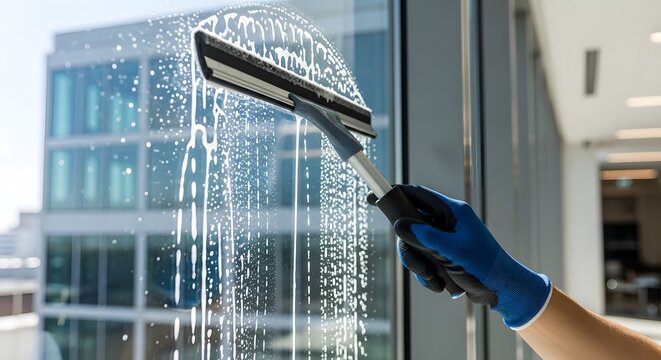Gloved hand cleaning a modern building window with a squeegee, leaving soap suds. Professional glass cleaning service.