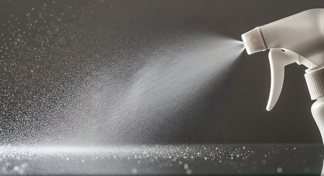 White spray bottle releasing fine liquid mist, illuminated droplets on a dark surface